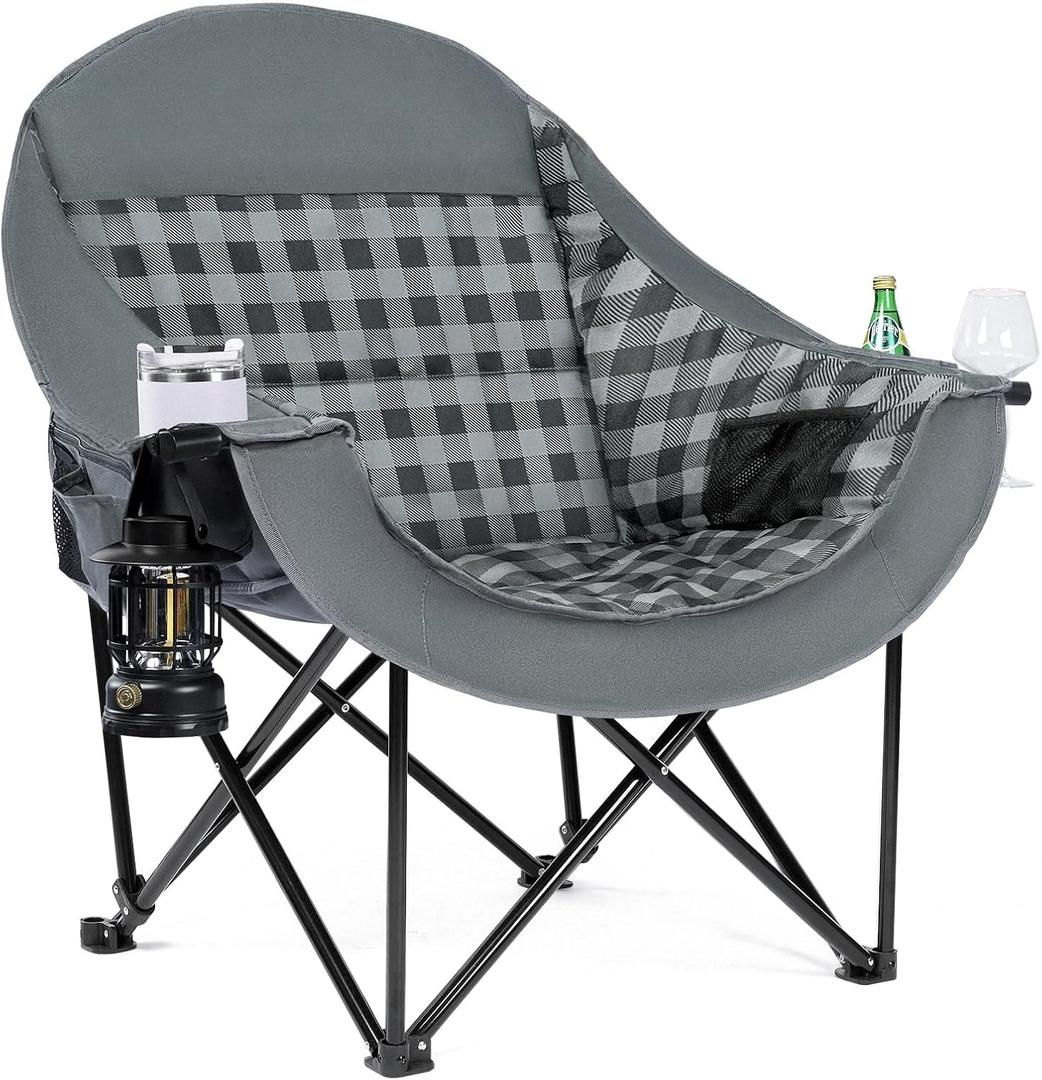 Oversized Camping Chairs for Adult - Heavy Duty Padded Portable Folding Chair XL Collapsible Camp Chair with Cup Holder Side Pocket for Outdoor Lawn Beach Sport Fishing Support 500LBS, Plaid, Single