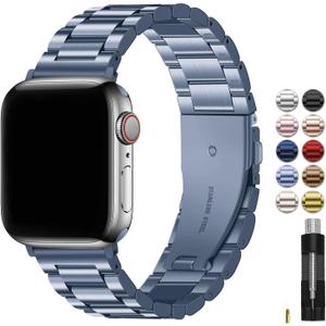 Fullmosa Metal Band Compatible with Apple Watch Bands 45mm 44mm 42mm, iWatch Band with Case for Apple Watch Series 9 8 7 6 5 4 3 2 1 SE3/2/1, Blue Grey