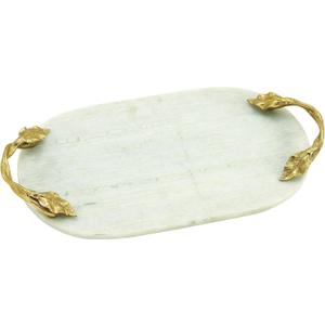 Deco 79 Marble Oval Tray with Gold Twisted Leaf Handles, 20" x 10" x 2", White