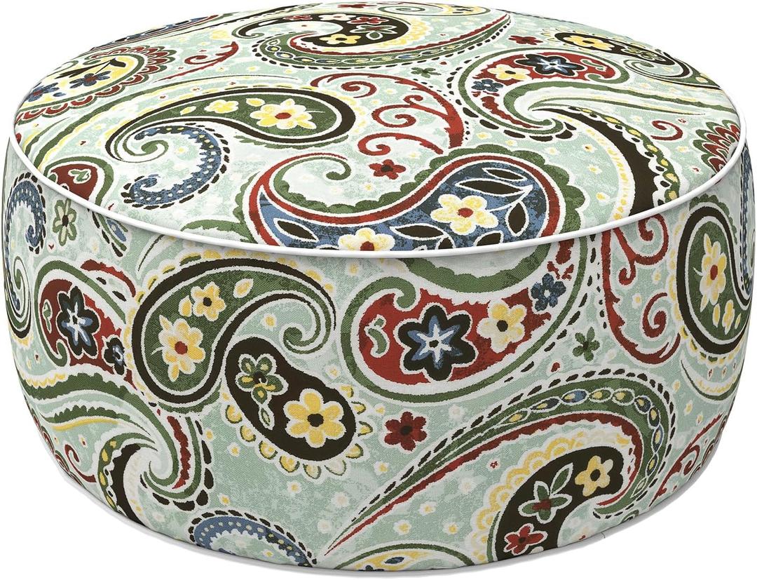 LVTXIII Indoor/Outdoor Inflatable Ottoman with Handle D21 x H9 Inch, Weather-Resistant Round Footstool Pouf for Patio Camping Living Room, Portable Footrest Extra Seating, Paisley Light Cyan