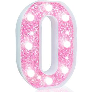 Pooqla Marquee Number Lights, Pink Light Up Numbers for Girls 10th Birthday, Battery Powered Glitter Number Night Light Gift for Christmas Bedroom Dorm Party Decoration, Cool White Number 0