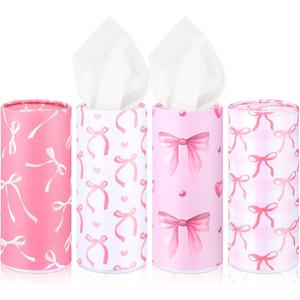 4 Pack Car Tissue Holder with Facial Tissues Travel Tissue Tubes Box Round Cylinder Container for Car Cup Holder Home Bathroom Office Wedding Gifts Decor(Pink Bow)