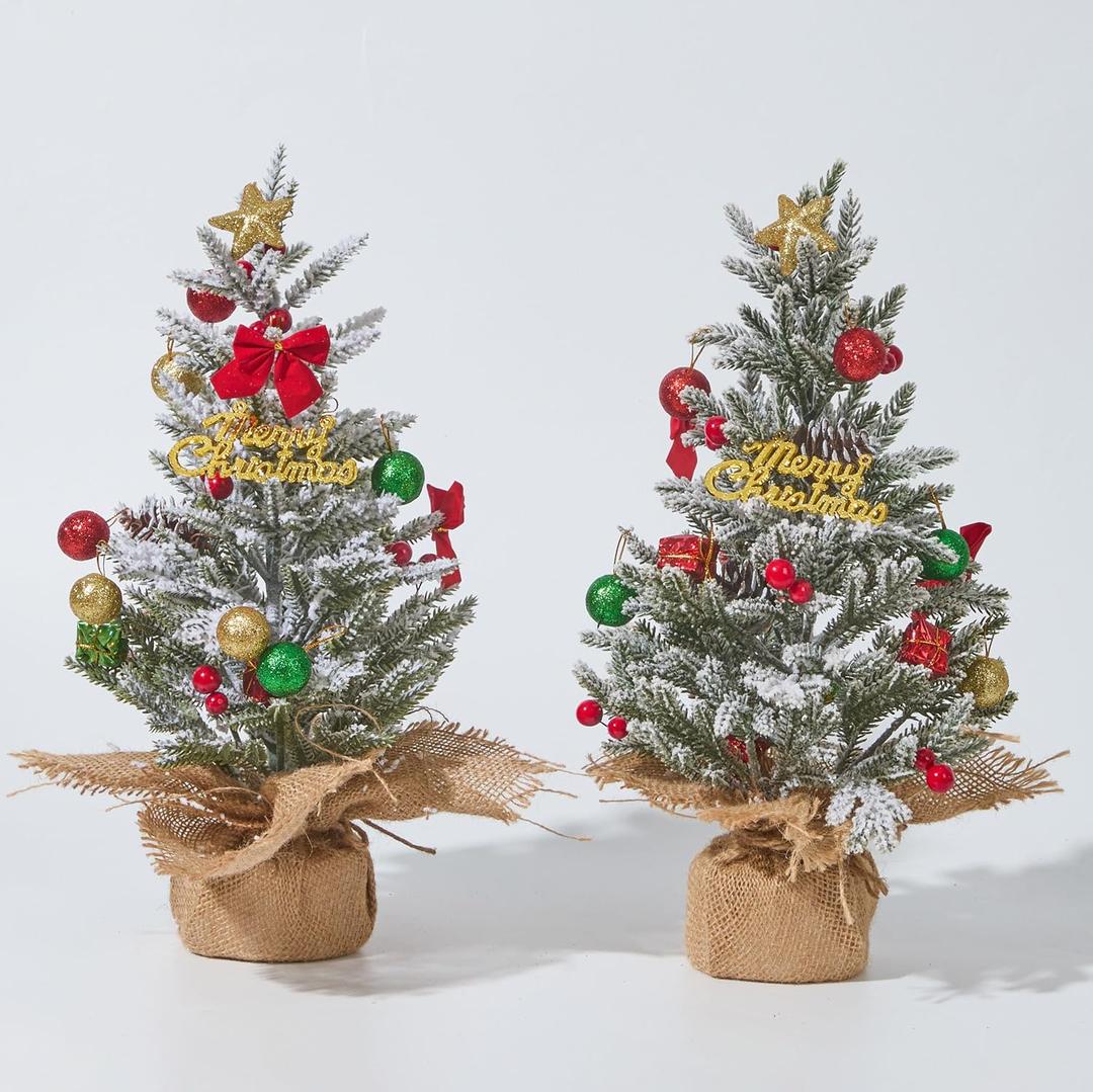 2 PCS Tabletop Christmas Tree, Small Flocked Xmas Tree Mini Artificial Pine Tree with Burlap Base for Desk Table Fireplace Mantel Decor 18 Inches