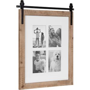 Kate and Laurel Cates Farmhouse Wooden Collage Picture Frame; 21x26 Matted to (4) 5x7; Rustic Natural Brown; Photograph Frame Fitting Four 5x7 Images with Barn Door-Inspired Design, 16x20 matted to 5x7