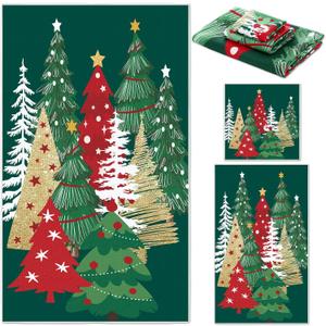 Preboun 3 Pack Christmas Hand Towels Set - Green Xmas Trees Washcloth for Bathroom, Kitchen, Hotel, Beach, Gym, Spa (Colorful)