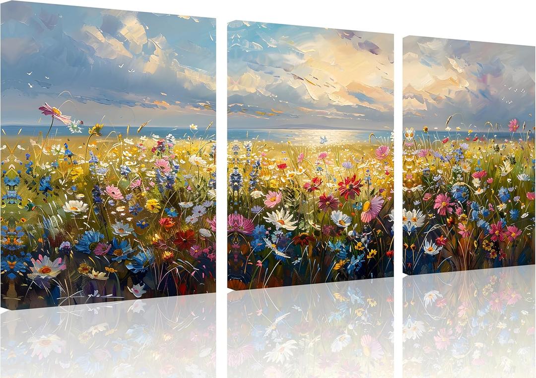 TutuBeer 3 Pcs Wildflower Field Artwork Rustic Wildflower Field at Beach Vintage Wall Art Canvas Prints Wild Flower Wall Art Rustic Style Kitchen Office Farmhouse Bathroom Decor 12x24inchx3