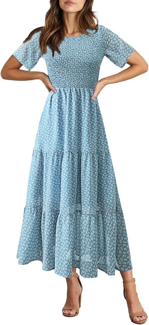 BTFBM Women Casual Short Sleeve Crew Neck Summer Dress Bohemian Floral Printed Flowy Maxi Dresses Tiered Cocktail Dress (Blue, XL)