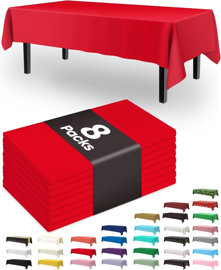 Pureegg Plastic Table Cloth Disposable 8 Pack, 54 x 108 Inch Table Cloths, Valentines Day, Thanksgiving, Christmas Decorations, Fall Tablecloths, Rectangle, Plastic Cover, Leakproof & Sturdy, Red