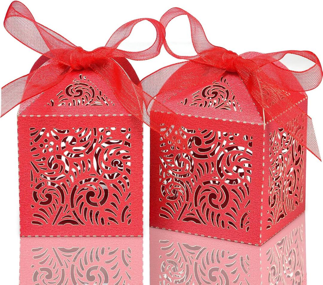 COTOPHER 100Pcs Laser Cut Favor Boxes, 2x2x2.75in Small Gift Boxes for Presents, Party Wedding Favors Boxes with Ribbon, Mini Candy Boxes for Event Bridal Shower Anniversary Birthday Christmas, Red