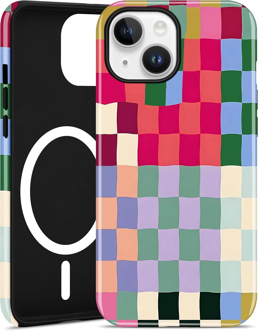 Jusy Compatible with MagSafe Checkerboard Phone Case for iPhone 15, Cute Aesthetic Checkered Magnetic Soft TPU and Hard PC Protective Phone Cover for Women GirlsShiny - Colorful