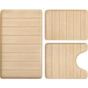 BYSURE Beige Memory Foam Bathroom Rug Set 3 Piece, Non Slip Extra Soft Absorbent Bath Mats, Machine Washable & Dry Toilet Mat Sets for Bathroom Floor (1'5" x 2'8" (Rectangular, U-shaped), Beige-stripe)