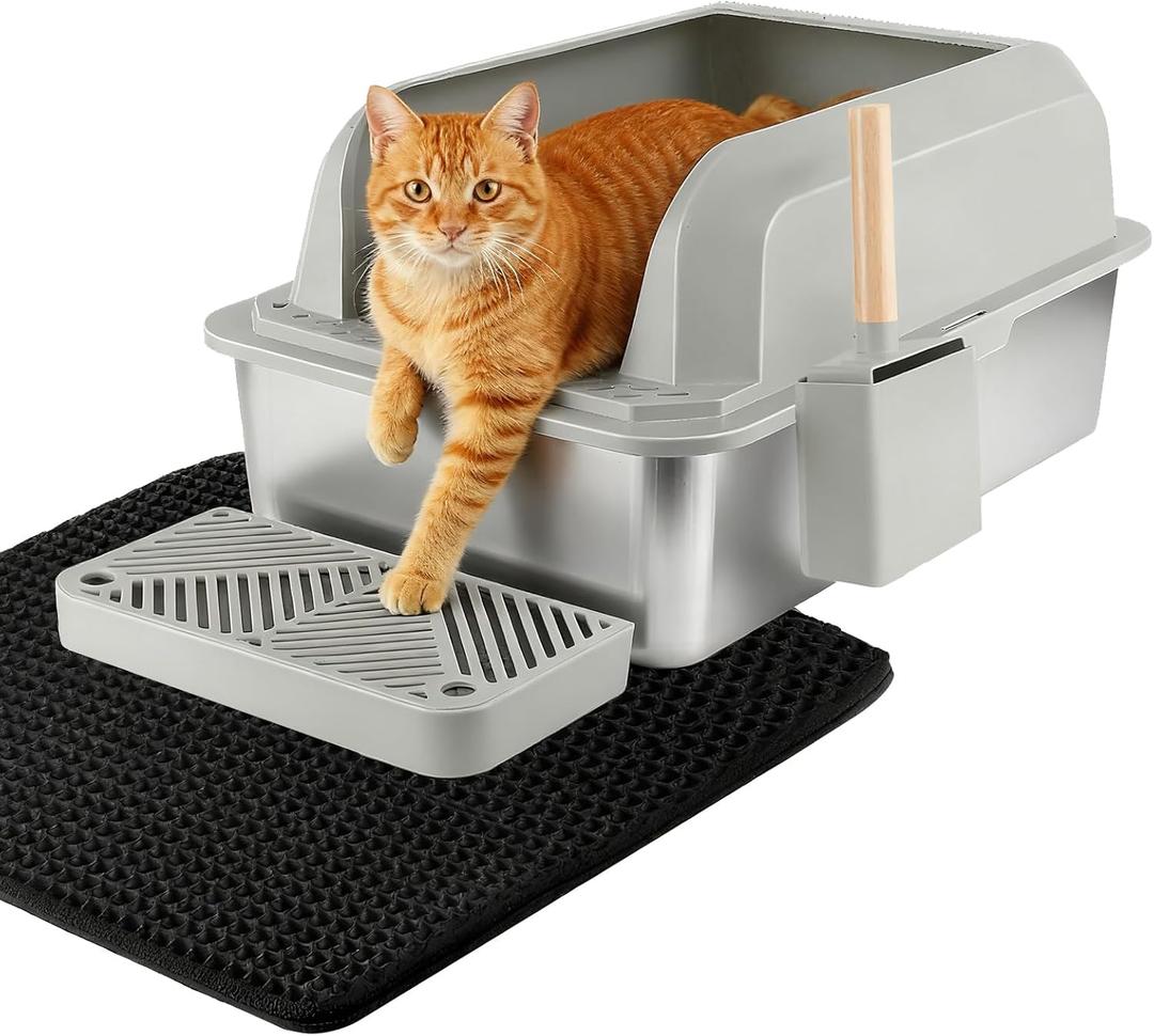GTPLAYER Stainless Steel Litter Box, Metal XL Extra Large Litter Boxes with Lid High Sided for Big Cats and Kittens, Leak-Proof, Non-Sticky, Include Cat Step Pedal, Cat Mat and Litter Scoop (Silver Gray 1 Pack)