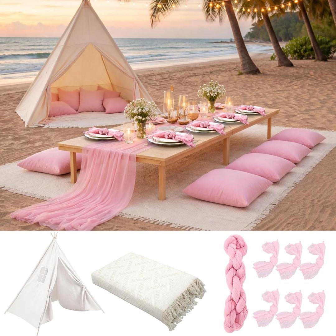 71x87'' Huge Teepee Tent with 91x71'' Extra Large Outdoor Boho Picnic Blanket Table Runner 6 Napkins Woven Cotton Yarn Oversized Beach Blanket Camp Wedding(Pink, White)