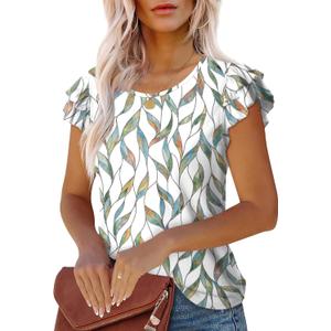 WEESO Womens T Shirts Ruffle Short Sleeve Summer Tops Cute Crew Neck Casual Blouses (Medium, Floral Multi Leaf)