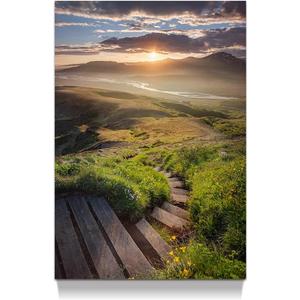 Mountain Sunset Lake Wall Decor: Landscape Picture Sunrise Grass Artwork Stair Painting for Bedroom House 16x12 Inch