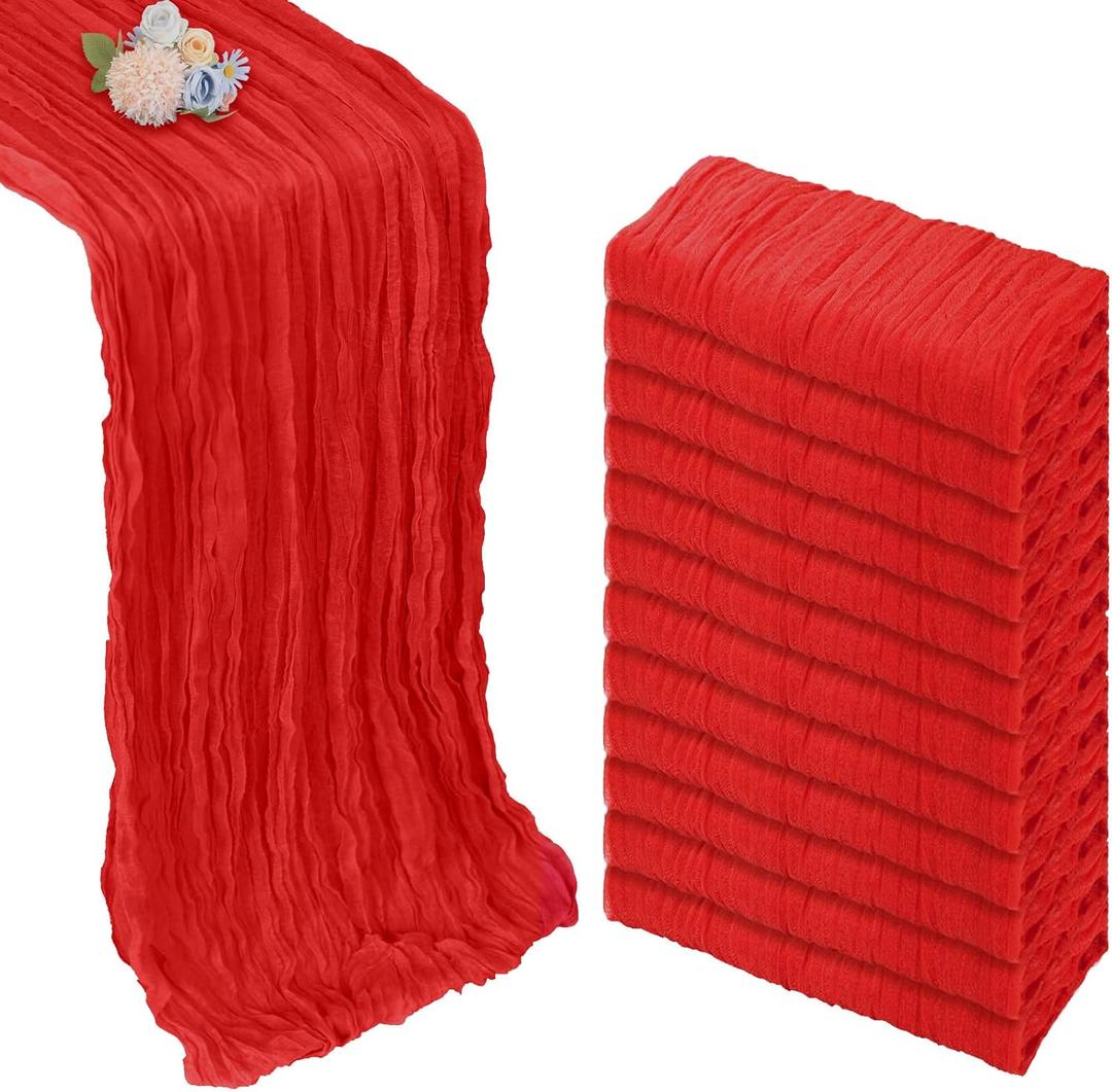 12 Pack Red Cheesecloth Table Runner 10ft Boho Gauze Fabric Cheese Cloth Table Runner 35 x 120 Inch Rustic Sheer Runner for Holiday Baby Shower Home Dcor Party Wedding Decoration, 12 Pcs - 10ft