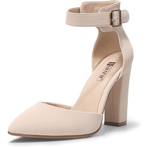 IDIFU Women's IN4 Pedazo High Block Heels Pumps Pointed Closed Toe Ankle Strap Dress Wedding Shoes (8, Beige)