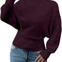 Verdusa Women's Cable Knit Sweaters Cinched Waist Tops Pullover Sweater Elegant Spring Fall Clothes (Wine), Smal