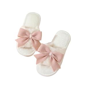 Verdusa Women's Cute Bow Fuzzy Open Toe Indoor Home Slippers Furry Outdoor Slippers White Pink 6.5