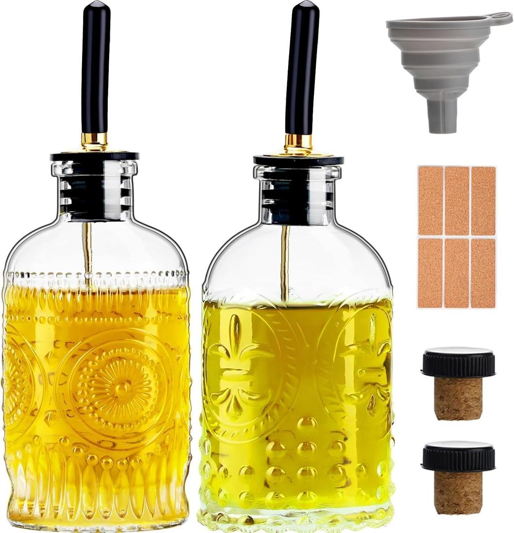 Olive Oil Dispenser Bottle for Kitchen with Metal Spout, Glass Oil Bottles 7OZ, Elegant Glass Cooking Oil Dispenser for Kitchen-2pcs