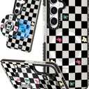Lotadilo Cute Case for Samsung Galaxy S25 Plus for Women Girls - Funny Plaid Flower Design Compatible with Magsafe Magnetic Ring Holder Kickstand Fashion TPU Phone Covers