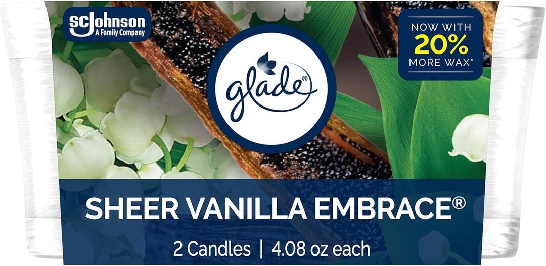 Glade 1-Wick Scented Candle Jar, Sheer Vanilla Embrace, Air Freshener Infused with Essential Oils, 4.08 Oz, 2 Count