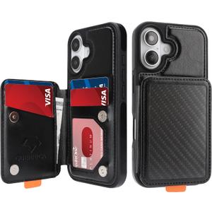 GUERNICA for iPhone 16 (6.1") Wallet Case with Card Holder, RFID Blocking for Women Men, Kickstand Shockproof Phone Case for Apple 16, A - Black