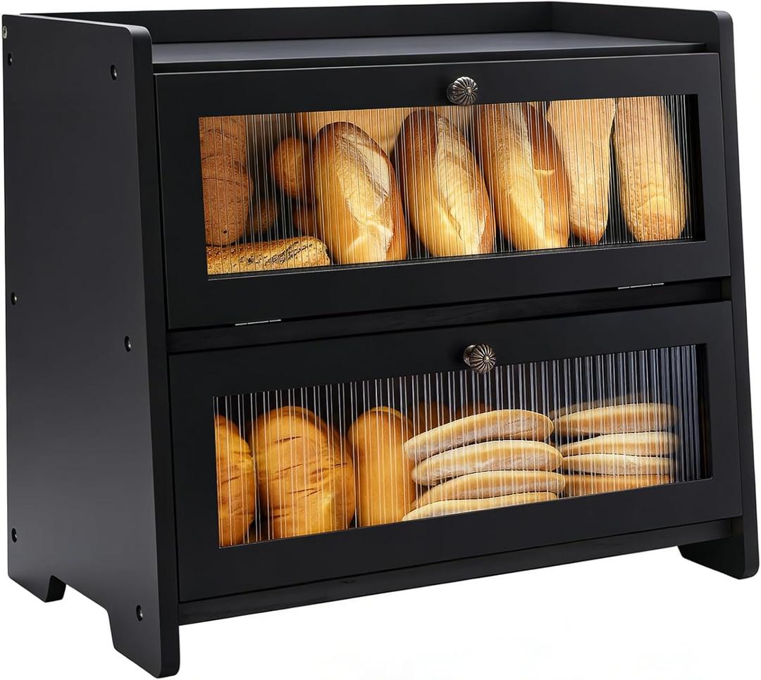 VEDALIO Bread Box For Kitchen Countertop, Black Breadbox, Bread Boxes for Kitchen Counter Organizer Decor Storage, Wooden Storage Box Breadbox, Housewarming Birthday Wedding Christmas Gift