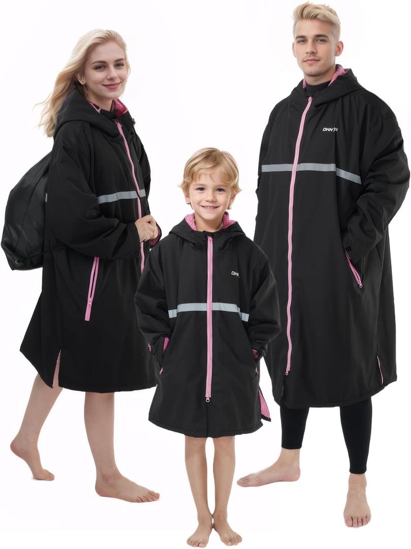 Owntop Swim Parka Adult Kids | Waterproof & Quick-dry | 2-Way Zipper | Oversized Hooded Changing Robe for Beach Pool (X-Large, Black)