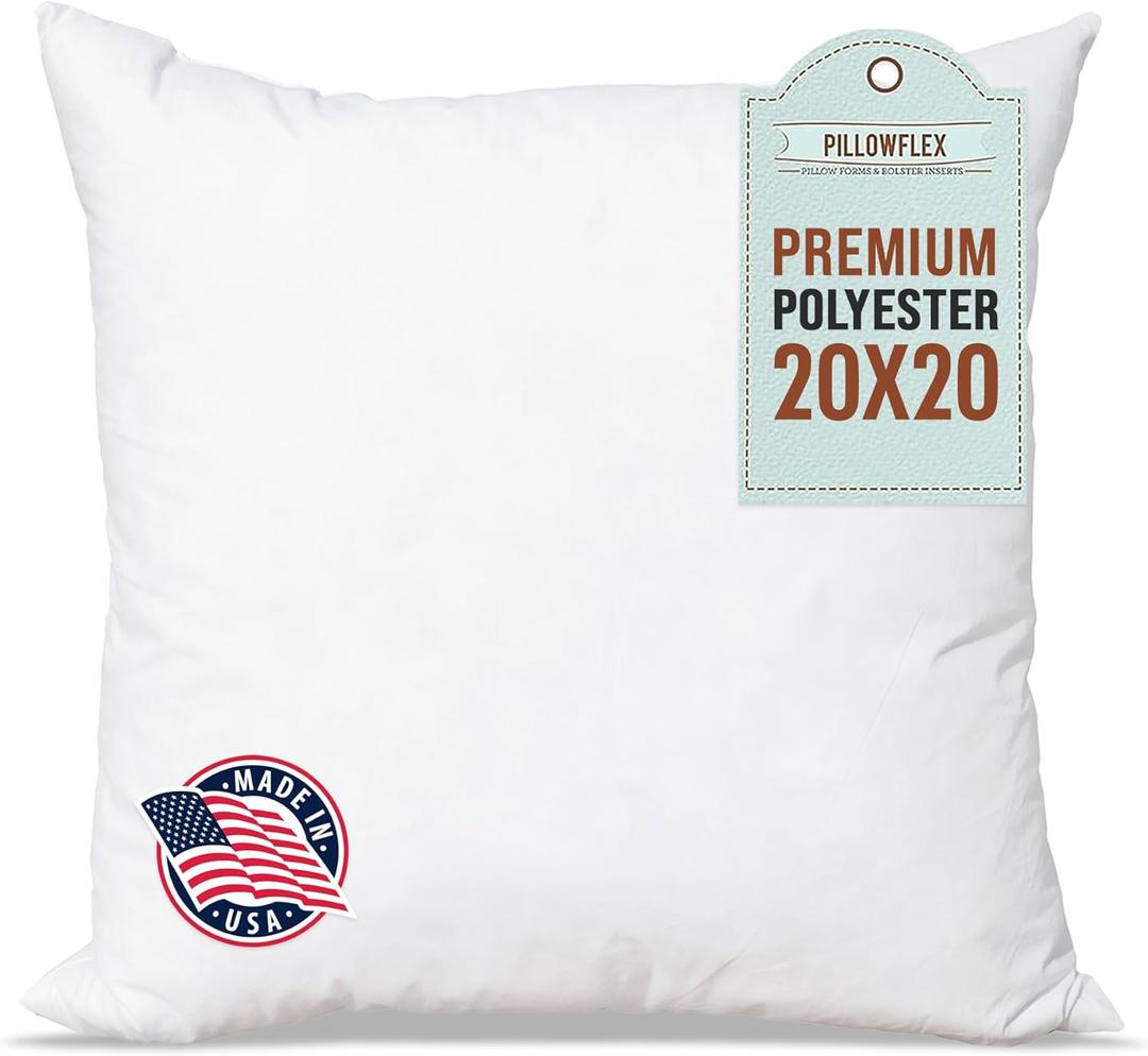 Pillowflex Premium Polyester Throw Pillow Insert - 20x20 - Ultra Soft Small Square Throw Pillow, Couch Sham, Lumbar, Back, Sofa - Machine Washable - Decorative Accent Form - 1 Soft Pillow (20 Inch by 20 Inch)