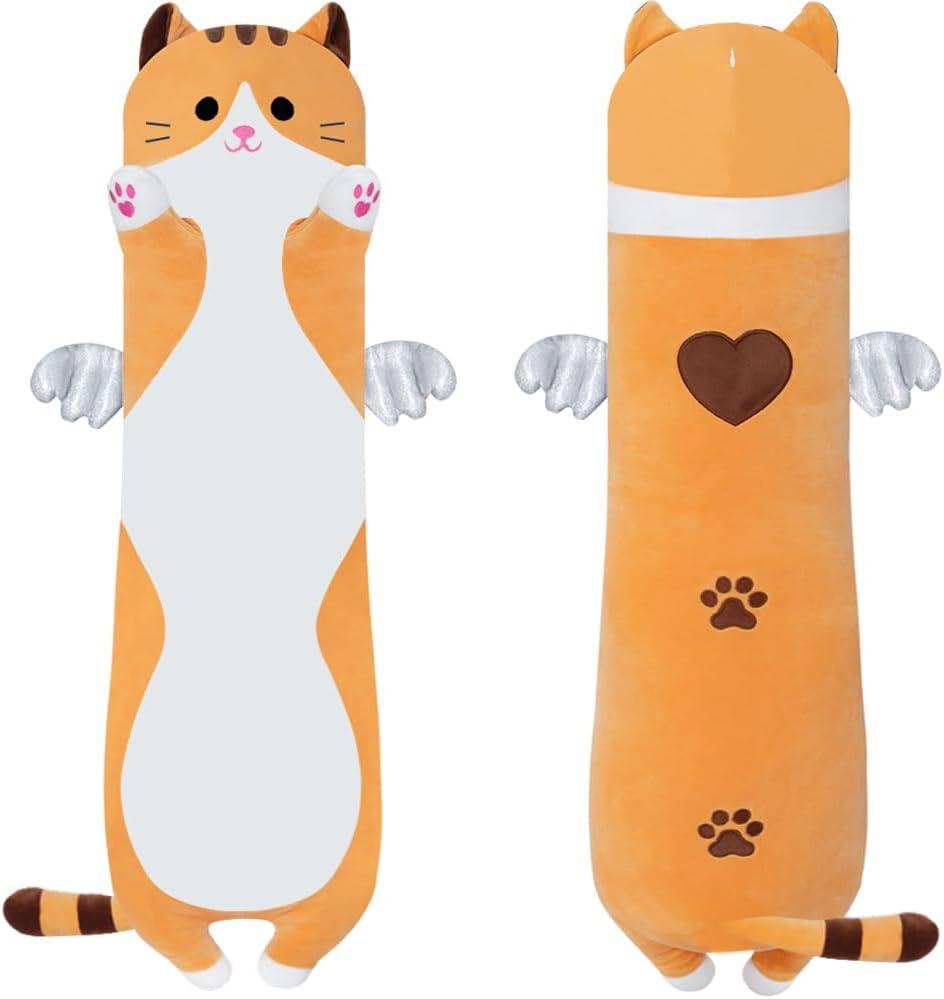 Cute Long Cat Plush Body Pillow, Kawaii Cat Plushie Toys Cuddle Cartoon Stuffed Animals Soft Kitten Throw Pillow Doll Gift for Kids Girls Boys (43.3", Orange)