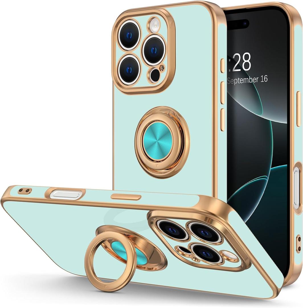 Hython for iPhone 16 Pro Max Case with Ring Stand, 360 Rotatable Ring Holder Magnetic Kickstand, Plating Rose Gold Edge Soft Cover Protective Phone Case for iPhone 16 Pro Max 6.9", Mint