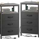 Huuger Nightstands Set of 2, 27.6 Inch End Tables with Charging Station, Fabric Drawers, Bedside Tables with USB Port and Outlet, Night Stands for Bedroom, Charcoal Gray