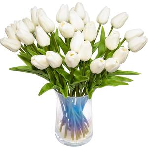 30pcs Artificial Tulips Flowers Real Touch Tulips Fake Holland PU Tulip Bouquet Latex Flower White Tulip for Wedding Party Office Home Kitchen Decoration (Pure White)