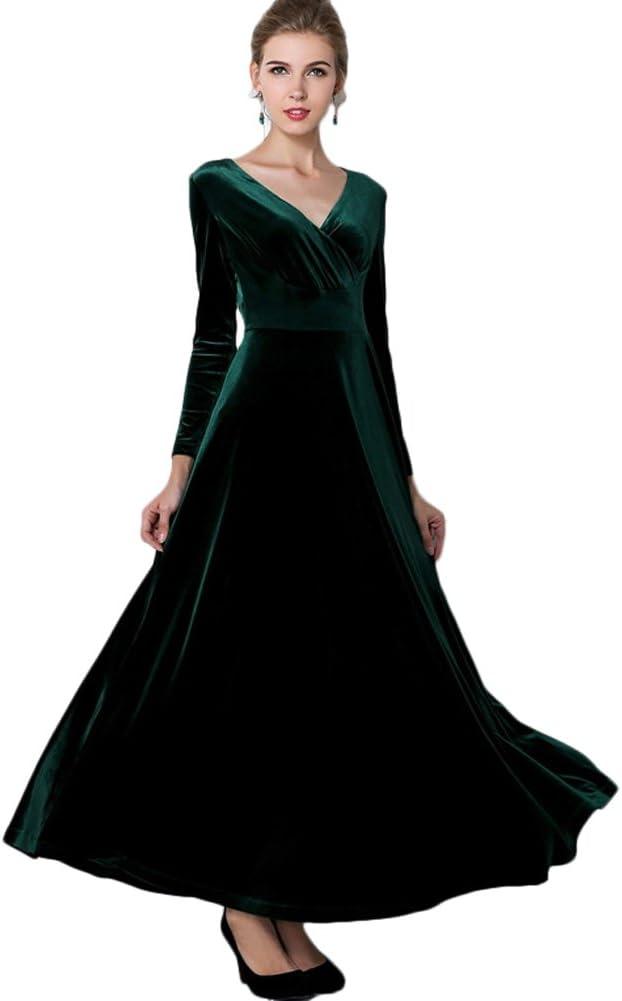 Urban CoCo Women Long Sleeve V-Neck Velvet Stretchy Long Dress (Medium, Green)