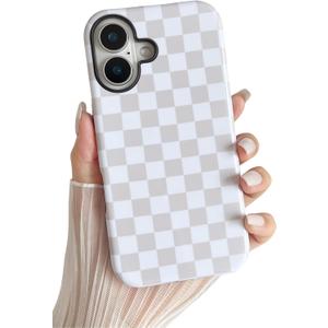 Longlayss Compatible with iPhone 16 Plus Case Cute Aesthetic Checkerboard Checkered Phone Case for Women Girl Shockproof Slim TPU and Hard PC Protective Cover (Antique White)
