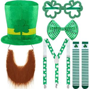 St. Patrick's Day Leprechaun Costume Suit Leprechaun Hat and Beard Green Shamrock Bow, Suspenders, Shamrock Glasses and Socks Accessories For Masquerade Parties men