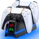 PS5-Controller-Charger-Station - Charging Station for PlayStation 5 Dualsense/Edge Controller with 9 Color Led Light, Fast Charging Dock & Holder Stand for PS5/Slim/Pro Remote - Whole Black