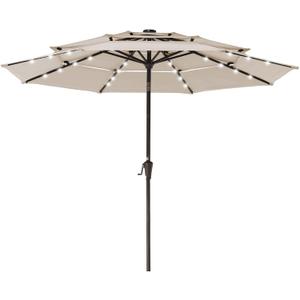JEAREY 3 Tiers Patio Umbrella with Solar Lights 9ft Outdoor Market Table Umbrellas with Push Button Tilt for Outside Pool Garden, Tan
