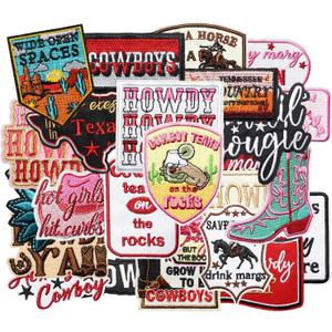 25PCS Western Howdy Iron on Patches, Funny Cute Country Cowboy Cowgirl Meme Boots Embroidered Badges for Clothes, Applique for Shirts, Trucker Hats, Jeans, Jackets, Bags, Dress