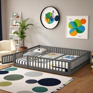 Queen Size Floor Bed with Door & Fence, Pine Wooden Montessori Bed for Boys and Girls, No Box Spring Needed, Easy to Assemble(Grey)