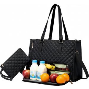 Lunch Tote Bag for Women 17.3 Inch Laptop Bag with Insulated Lunch Compartment Leather, Quilted Computer Tote, Quilted Work Bag for Office, Teacher, Commuter (Black)