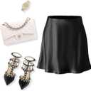 Mist Azur Women's Elegant Silky Satin Mini Skirt High Waist Bias Cut Short Skirt Leopard Print Mini A Line Skirts for Women (Black, M)