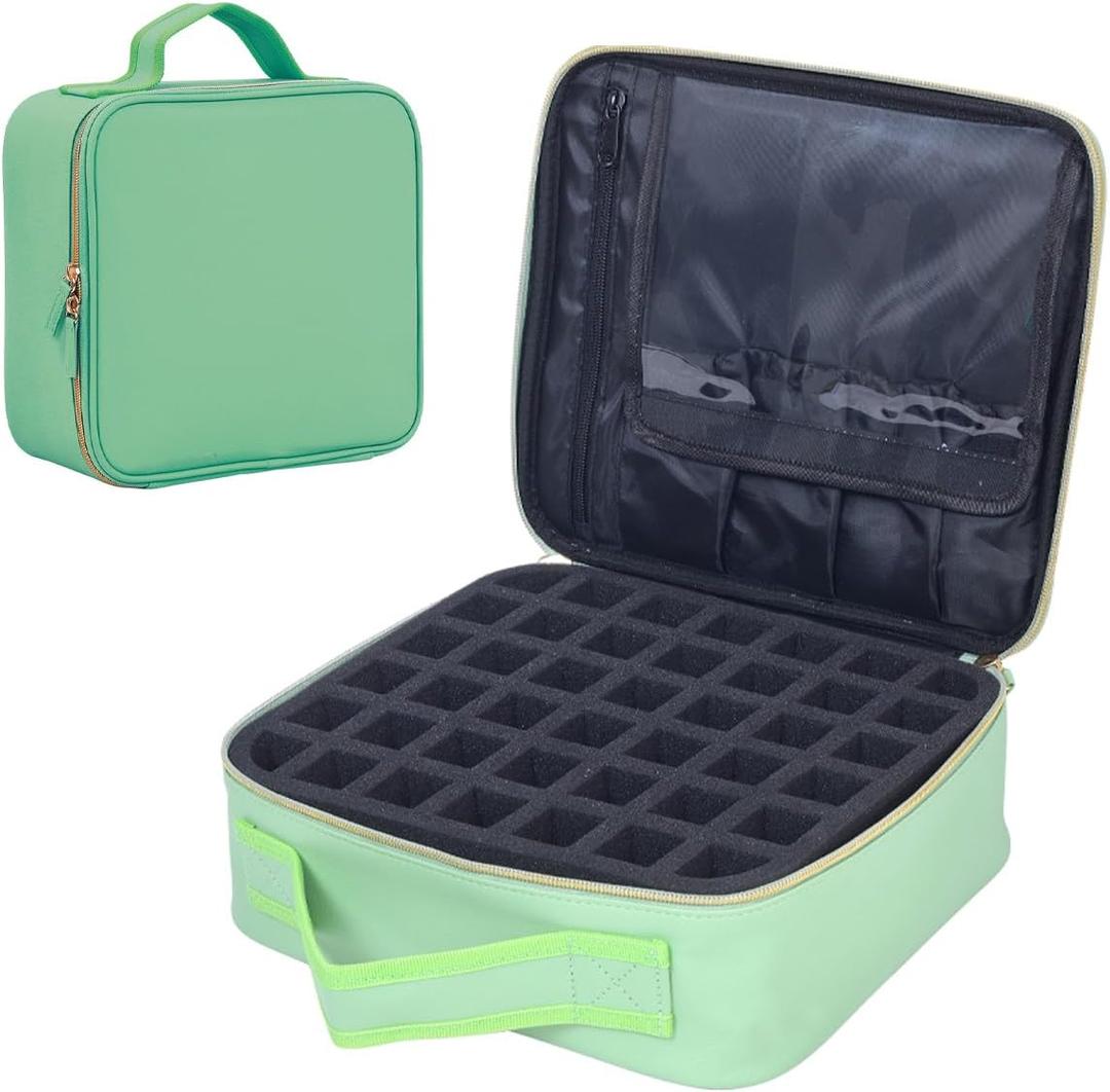 Nail Polish Organizer Case - PU Leather Portable Cosmetic Bag Hold 42 Bottles (15 ml/0.51 floz) with Removable Partition (Green)