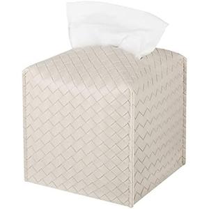 Tissue Box Cover PU Leather Tissue Holder Square Facial Tissue Case Facial Paper Organizer Dispenser for Bathroom, Vanity Countertop, Tabletop, Car, Griege