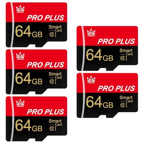 5 Pack TF Card 64GB with Adapter, High Speed Memory Card, UHS-I C10 A1 Memory TF Card for Tablet/Mobile Phone/Camera/Car Audio/Game Console (64GB-5 Pack)