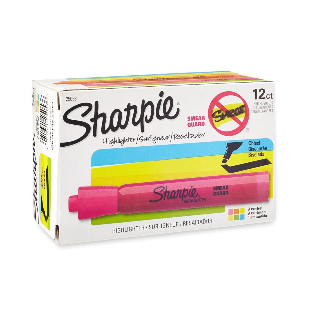 Sharpie Tank Style Highlighters, Chisel Tip, Assorted Colors, 12 Count