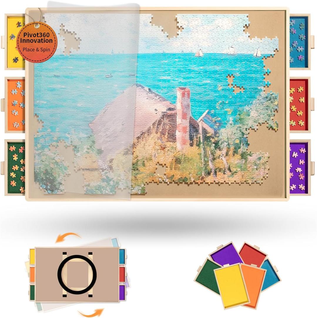 1500 Pieces Puzzle Board Pro 34" x 25", with 6 Drawers & Cover, Sort-Wise Colorful Felt Drawers, Wooden Jigsaw Puzzle Board, Birthday Gifts for Mom
