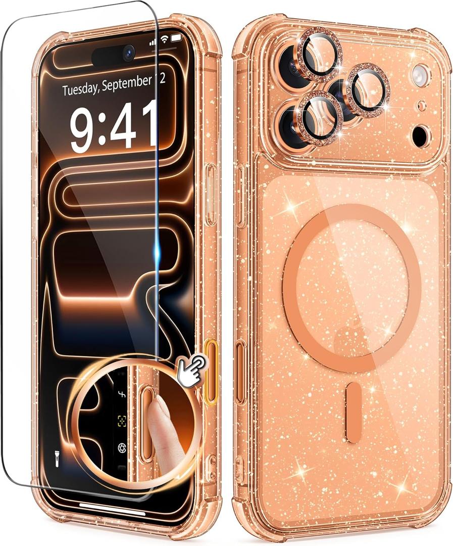 BERFY for iPhone 17 Pro Max Case for Women, Compatible with MagSafe, Clear Glitter Shockproof Protective Case, Anti-Yellowing, with Screen Protector & 3 Diamond Camera Lens Covers 6.9", Sparkle Orange