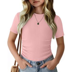 Girls Short Sleeve Ribbed Knit Shirts | Ruched Top, Slim Fit, Casual Crewneck, Basic Tee, Summer, Back to School